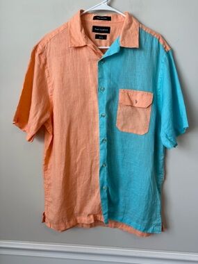 Paul Fredrick Two-Tone Linen color block men’s button-down size large slim
